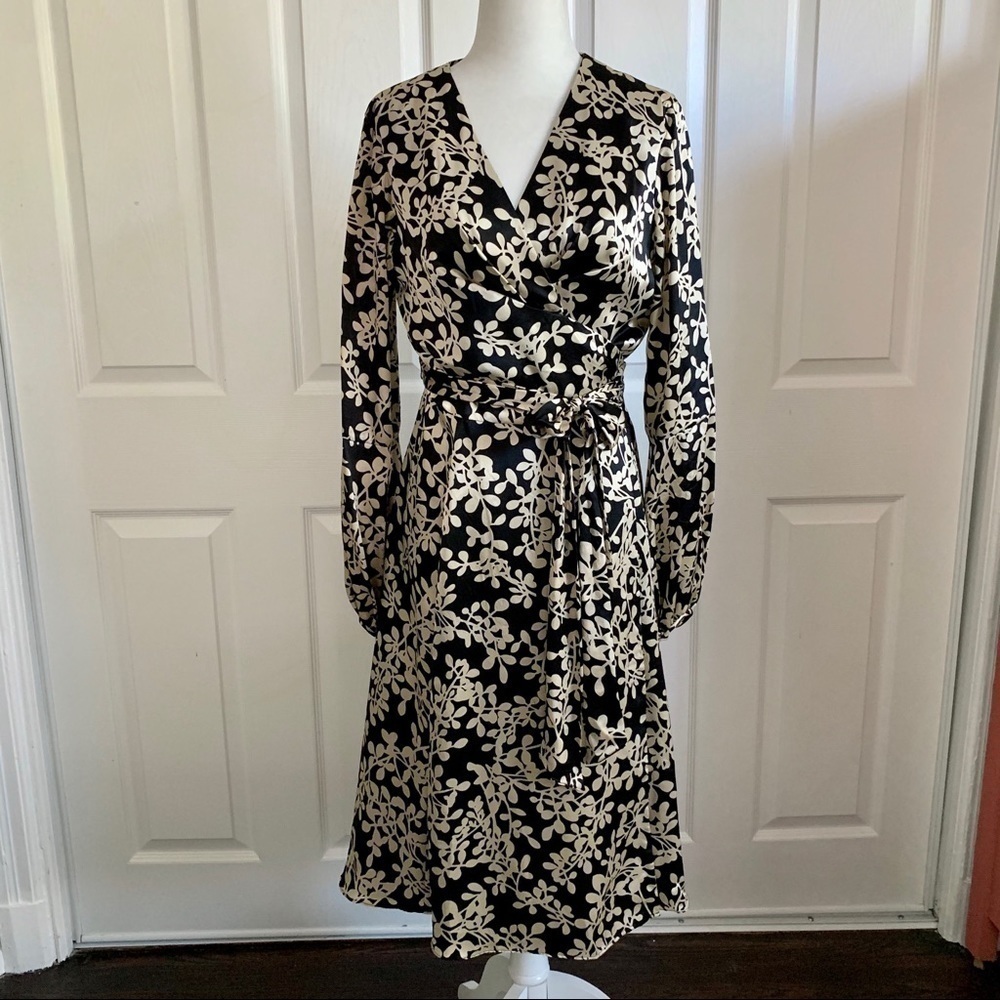Donna Ricco Black and Ivory Silk Floral Wrap Dress